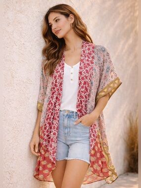 Elizabeth Gillett Boho Patchwork Kimono Duster OS